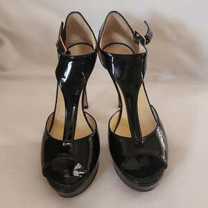 Jimmy Choo Tribe Black Patent Leather T-Strap Platform Sandals